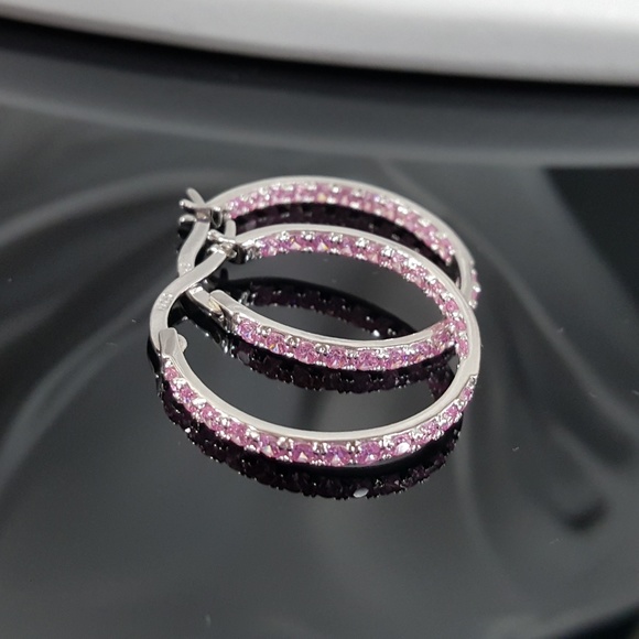 Pink Cubic Zirconia Inside Out Hoops - Picture 2 of 8